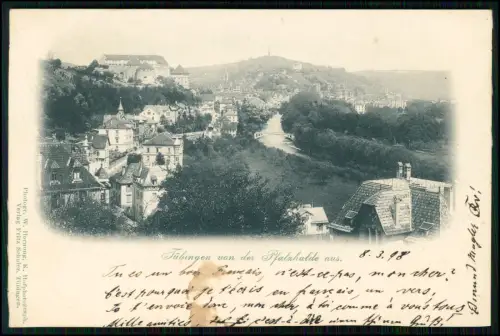 AK Tübingen von der Pfalzhalde - Stadt, Neckartal, Villenbebauung -1898 gelaufen