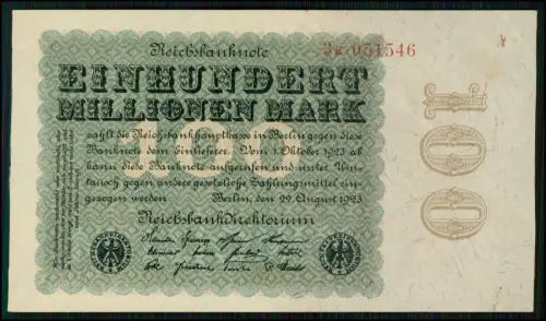 Reichsbanknote 1923 Einhundert Millionen Mark einseitig bedruckt Privatdruckerei