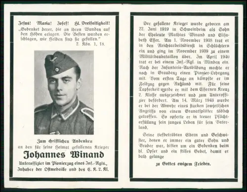 Sterbebild und Foto Soldat - Johannes Winand Unteroffizier in einem Pionierzug