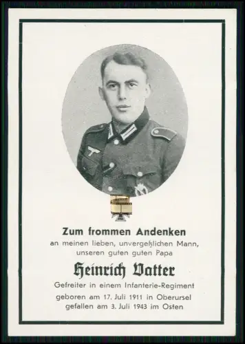 Sterbebild Soldat aus Oberursel Heinrich Vatter Gefreiter Inf. Regt. gef. 1943