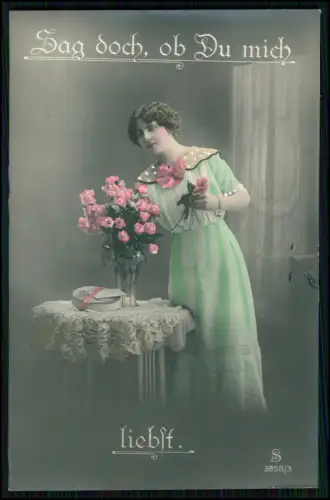 5x Fotokart Dame Rosen Liebesspruch Serie CJF 3858 handkoloriert Jugendstil 1910
