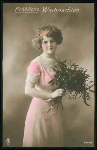 6x AK - sechs Karten 6er-Satz - Frau rosa Kleid Weihnachten Mistelstrauß - 1905