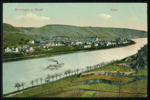 AK Winningen Mosel Totalansicht Dampfschiff Weinberge Bahnpost Metz Koblenz 1908