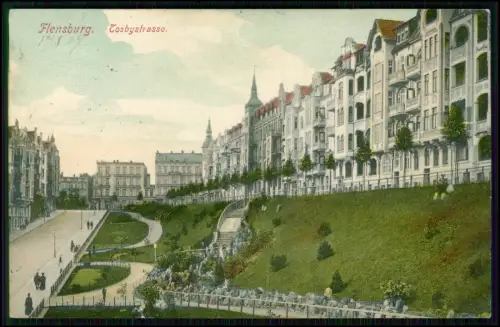 AK Flensburg Tosbystraße - Wohnhäuser Villenfassaden Treppenanlage 1907 gelaufen