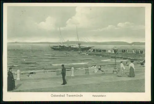 AK Lübeck Travemünde Hafeneinfahrt Segelschiff Promenade Badegästen Ostsee 1911