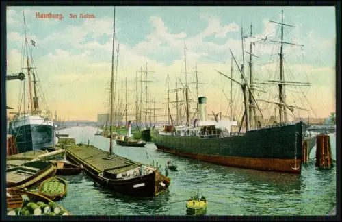 AK - Hamburg im Hafen - Segelschiffe Dampfer Schlepper Hafenmotiv -1908 gelaufen