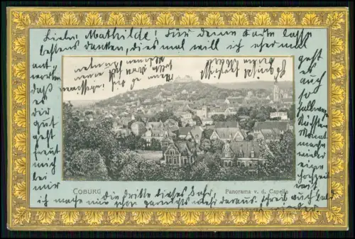 AK Coburg von der Capelle - Prägekarte im Goldrahmen - Stadtblick mit Veste 1904