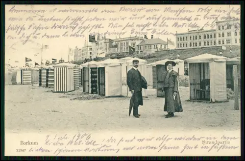 2x AK Borkum, Badekarren, Strandbuden, Promenade, Badegäste, Luftbild 1906 gel.