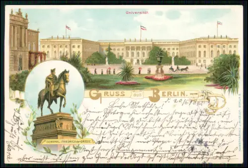 AK Lithographie Berlin Universität - Denkmal Friedrich der Große - 1902 gelaufen