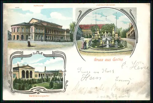 AK - Lithographie Gotha - Jubiläumsbrunnen, Verbrennungsofen, Hoftheater - 1898