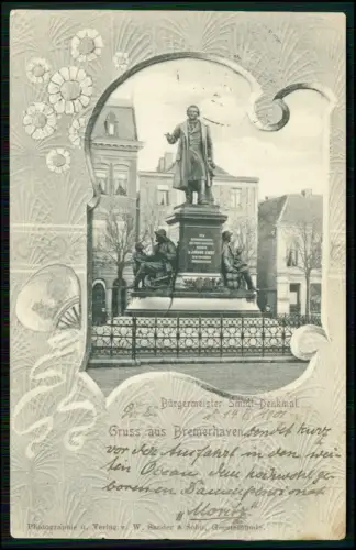 AK Bremerhaven Bürgermeister Smidt Denkmal, dekorative Jugendstil Umrahmung 1901