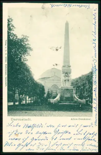 AK Darmstadt, Alice Denkmal mit Blick zur Kapelle Baumallee und Platzanlage 1903