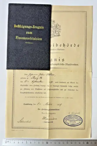 Doku. Baupolizeibehörde - Befähigungs-Zeugnis zum Flussmaschinisten Hamburg 1929