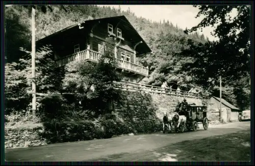 Foto AK Schwarzburg Gaststätte Schweizerhaus Waldhang Postkutsche Pferdegespann
