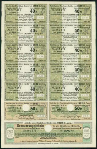2x  Zinsscheinbogen Erneuerungsschein - Deutsches Reich Anleihe 1922  2000 Mark