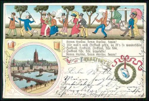 AK Seckbach farbige Lithografie humorvoller Gruss Frankfurt a. M. 1897 gelaufen