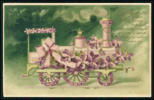 AK Dampflokomotive kunstvoll mit Veilchen und rosa Schleifen dekoriert 1906 gel