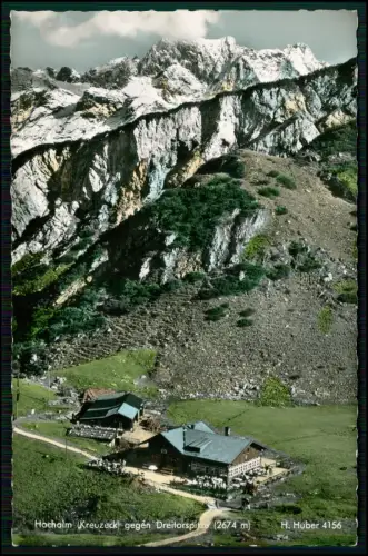 Farb Foto AK - Hochalm Lenggries am Kreuzeck - Almhütte Terrasse Gäste Alpen uvm