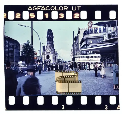 Agfacolor Dia - Kaiser-Wilhelm-Gedächtniskirche Kurfürstendamm Bus Berlin 1950er