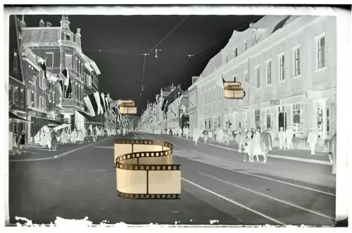 Orig. Negativ 9x6 - Saarbrücken St. Johann Blick Obertorstraße Geschäfte Flaggen