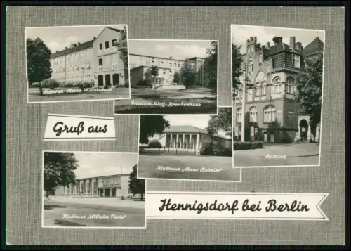 Foto AK Hennigsdorf bei Berlin DDR - Rathaus Krankenhaus Schulen Klubhäuser