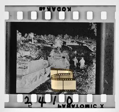 3x Zelluloid-Negativ  Alliierte Soldaten mit Panzer Tank Geschütz Normandie 1944