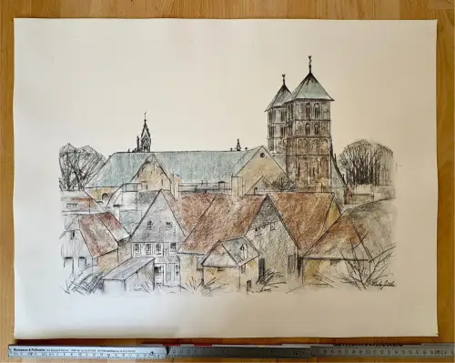 Paul Westerfrölke signiert - farbige Zeichnung Druck 60x45cm - Münster Westfalen