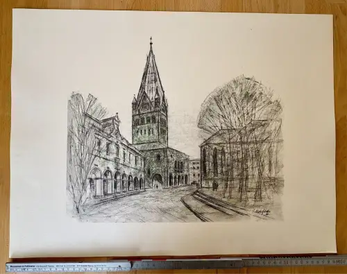 Paul Westerfrölke signiert - Zeichnung Druck 60x45 Soest Blick St.-Patrokli-Dom