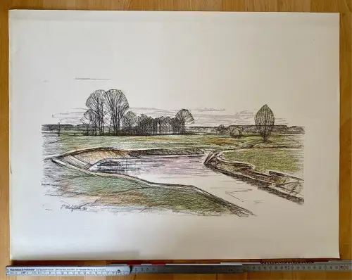 Paul Westerfrölke signiert - Zeichnung Druck 60x45  Flusslandschaft Uferböschung