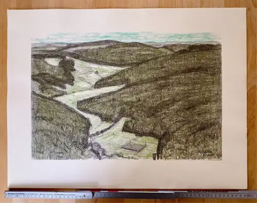 Paul Westerfrölke signiert - Zeichnung Druck 60x45 Hügelig Freie Landschaft 1958