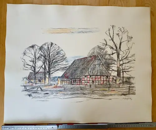 Paul Westerfrölke signiert - Zeichnung Druck 60x49 Westfalen Fachwerkbauernhaus