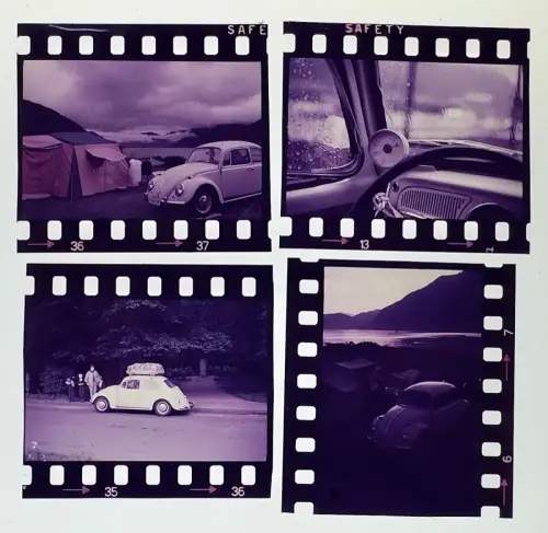 4x alt Farbdia- VW Käfer Volkswagen Campingreise See Alpen Oldtimer Reise 1960er