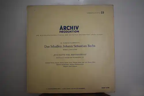  Johann Sebastian Bach - Gunthild Weber, Helmut Krebs, Herman Schey, Karl Steins - Berliner Motettenchor, Berliner Philharmoniker - Fritz Lehmann – "Ich Hatte Viel Bekümmernis"  "Historische Archivaufnahme von 1958"