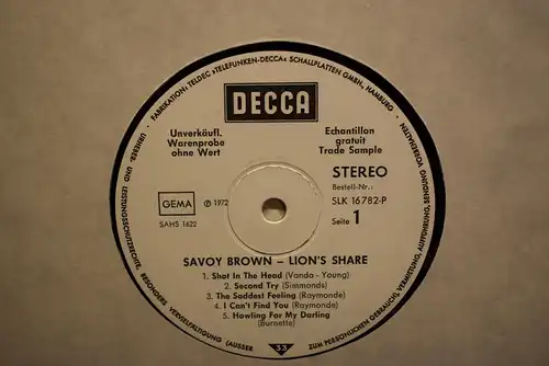 Savoy Brown ‎– Lion's Share "Seltene Decca Promo Version , Sammlerstück in Top Zustand "