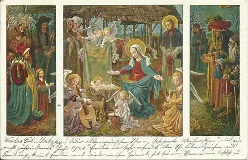 [Glückwunschkarte] AK Weihnachten Christmas Noel - Geburt + Anbetung Christi Farblitho Spende München 1925. 