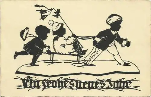 [Glückwunschkarte] AK Neujahr Schattenriss Kinder 1931. 