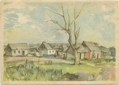 [Künstlerpostkarte reproduziert] Propaganda-AK Hensel Sowjetdorf Stempel Deutsche Reichsbahn Güterabfertigung Skawce
(Polen, Malopolskie, Wadowice, Mucharz). 