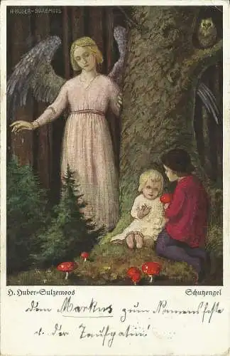 [Künstlerpostkarte reproduziert] Künstler-AK, Schutzengel, Kinder mit Fliegenpilzen. 