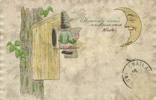[Glückwunschkarte] AK / CPA Neujahr - Heureuse Année - Zwerg, Vogelkasten + Mond mit Prägung. 