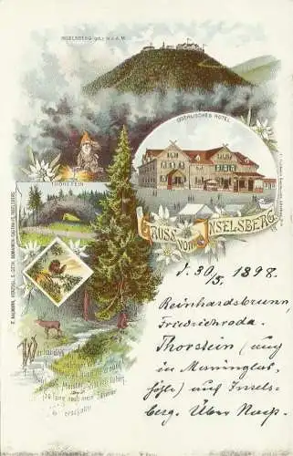 [Lithographie] Mehrbild-Farblitho Tabarz + Inselsberg mit Zwerg, Hotel, Thorstein 1898 #13. 