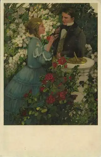 [Künstlerpostkarte reproduziert] Künstler-Ansichtskarte Elegantes Liebespaar im Blumengarten. 