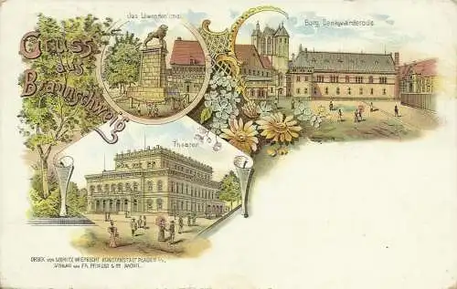 [Lithographie] Mehrbild-Farblitho Braunschweig, Löwendenkmal, Dankwarderode + Theater. 