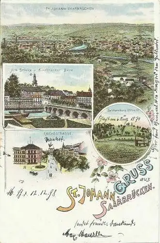 [Lithographie] AK Saarbrücken St Johann Mehrbild-Farblitho1898. 