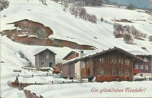[Glückwunschkarte] AK Neujahr / New Year Bergdorf im Winter 
Farbenfoto nach Lumière. 