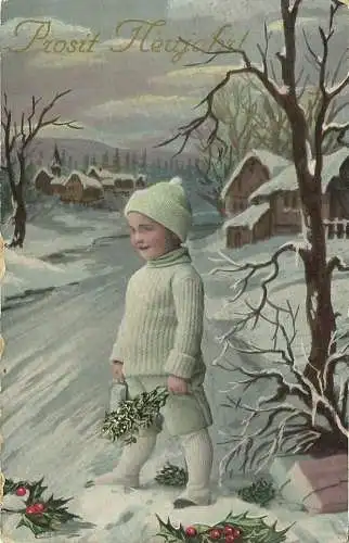[Glückwunschkarte] AK Neujahr / New Year Kind mit Mistelzweig in Wollkleidung
1914 Feldpost. 