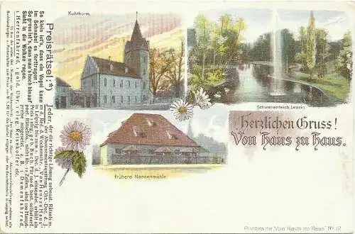 [Werbepostkarte] AK Leipzig Mehrbild Kuhturm Schwanenteich + Nonnenmühle 
Preisrätsel Zeitschrift ca. 1900. 