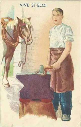 [Echtfotokarte farbig] AK Beruf Schmied mit Huf + Pferd - Vive St-Eloi [Belgien] color ca. 1920/30. 
