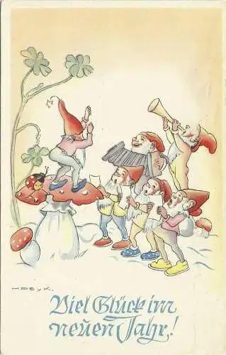 [Glückwunschkarte] AK H. Peyk Zwerge als Musikanten Neujahr New Year ~1930/40. 