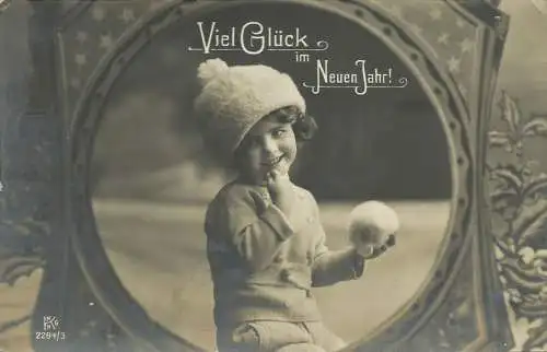 [Glückwunschkarte] AK Neujahr New Year Mädchen mit Wollmütze + Schneeball 1911. 
