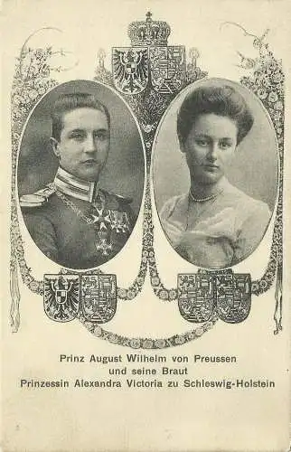 [Propagandapostkarte] AK Prinz August Wilhelm von Preußen + Braut Alexandra Victoria 1911. 